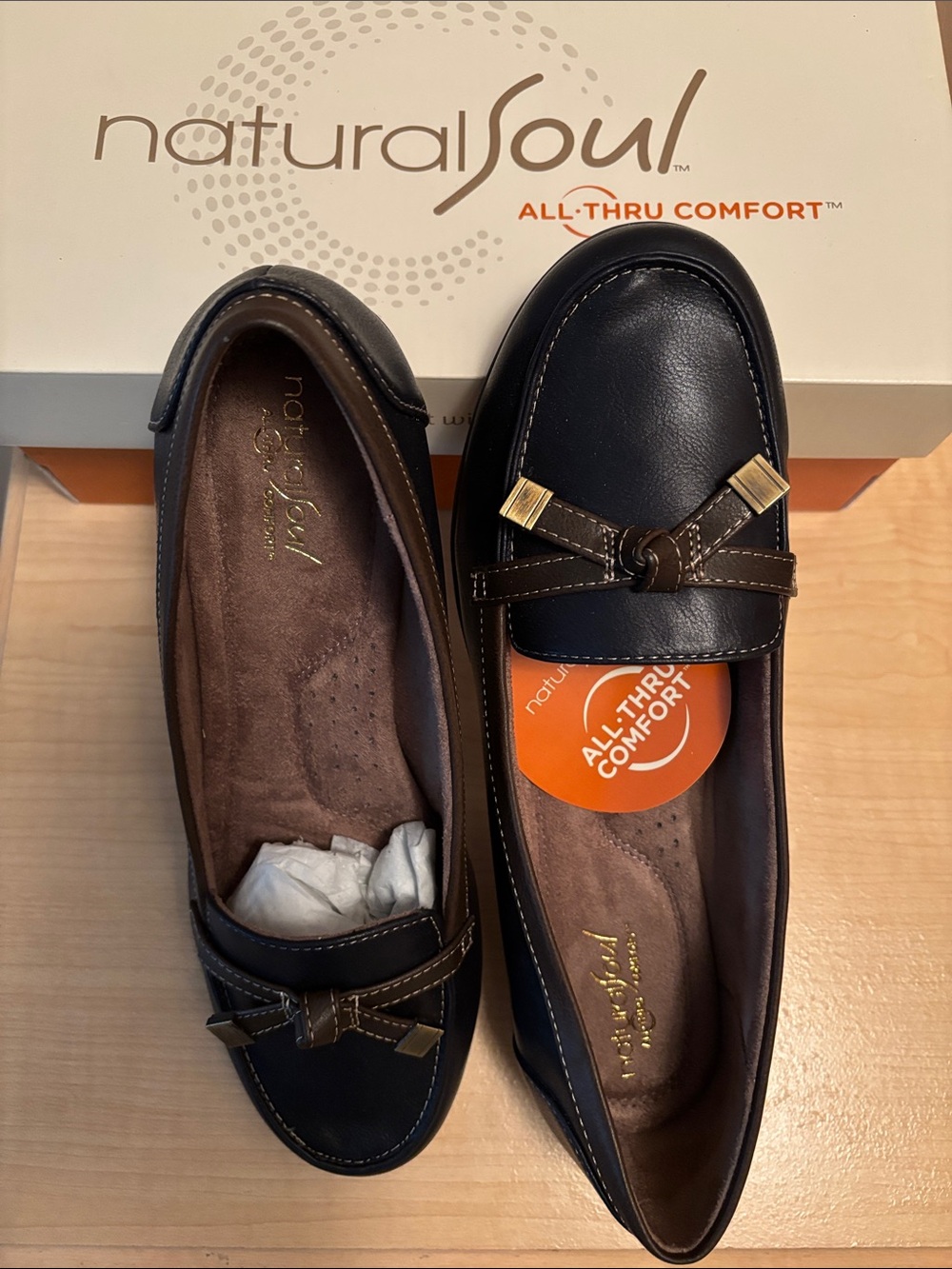 NEW Natural Soul Women's Dark Navy Loafers with Brown Trim and Gold Accents
